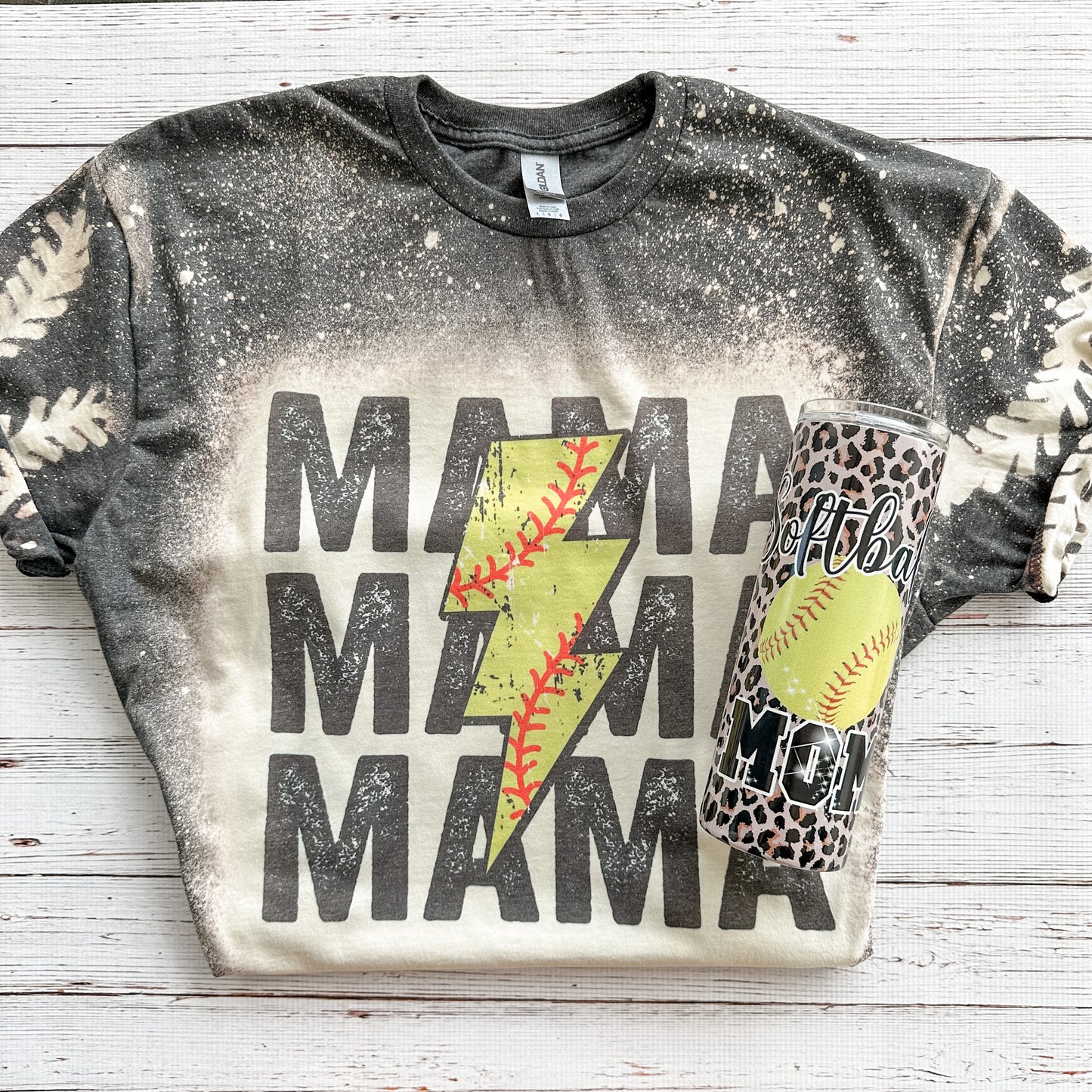 Distressed Mama Softball Bolt Bleached Tee