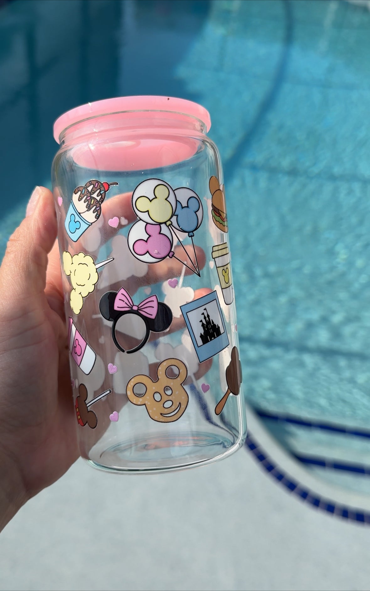 Disney Snacks 16oz Glass Can Tumbler, Pink lid