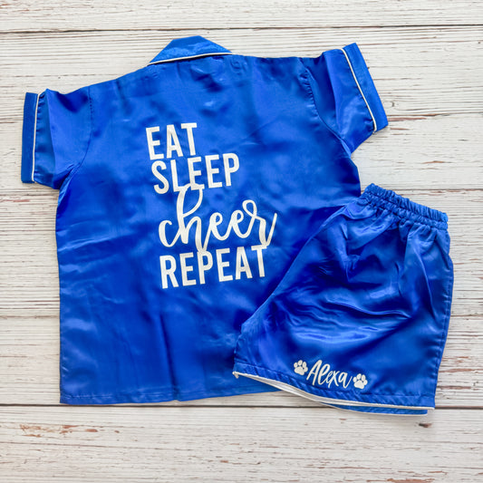 Eat, Sleep, Cheer, Repeat Silk Pajama Set- CUSTOMIZABLE!