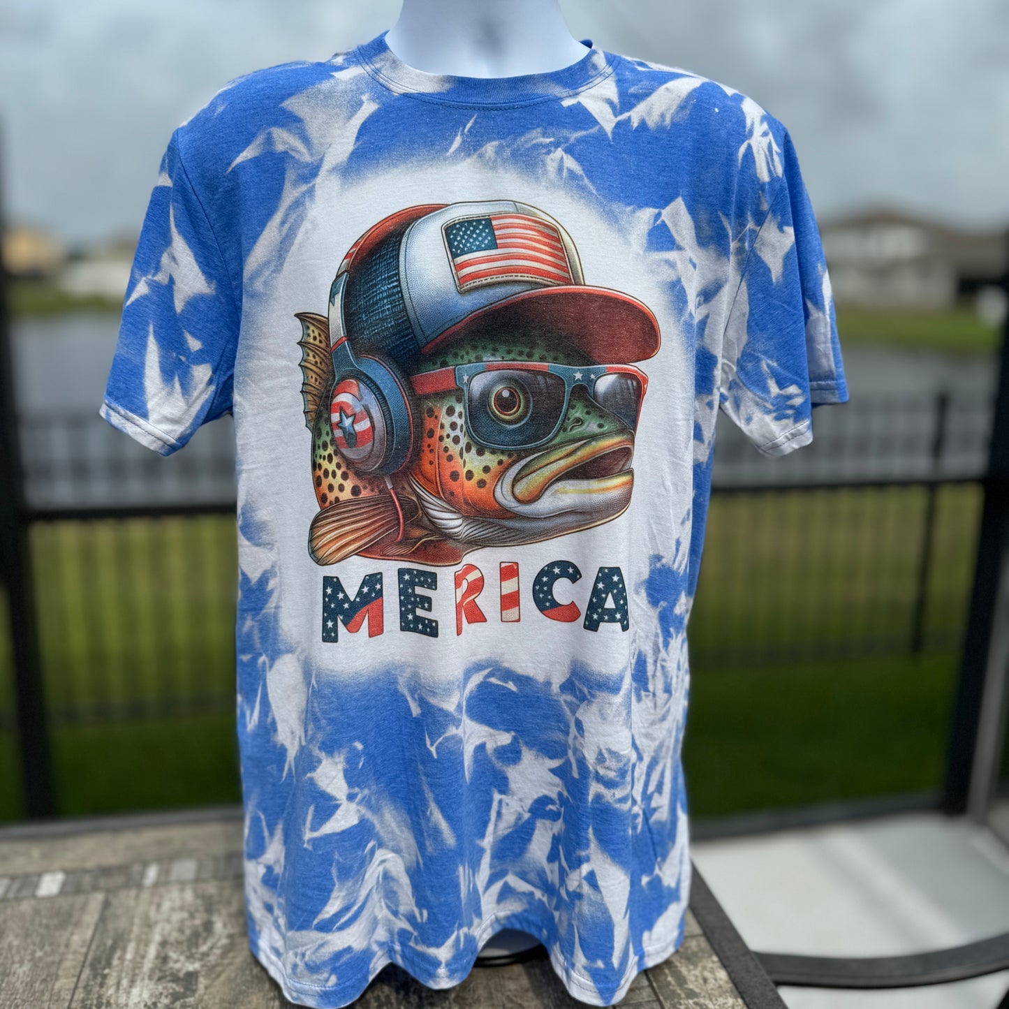 Merica Fish Bleached Tee, Blue